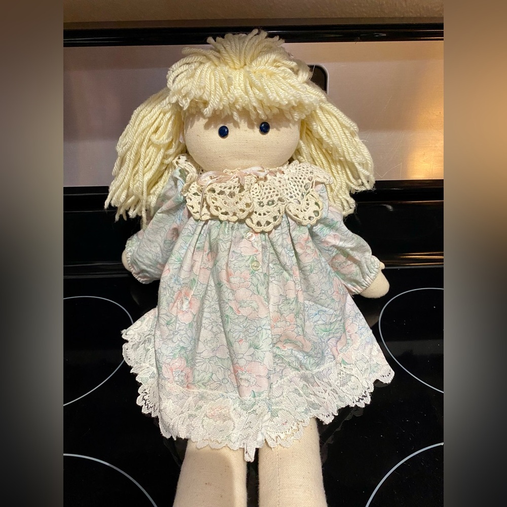Hand Made Cloth Doll. 1992 E. Cade, Maker. She’s in EUC. Handmade cotton & lace.